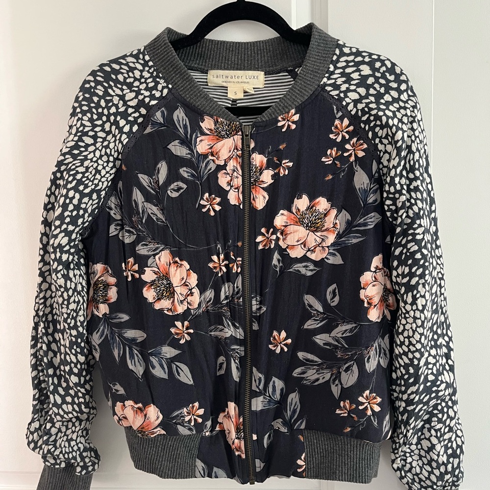 Saltwater Luxe Floral Bomber Jacket - Blue and peach/pink